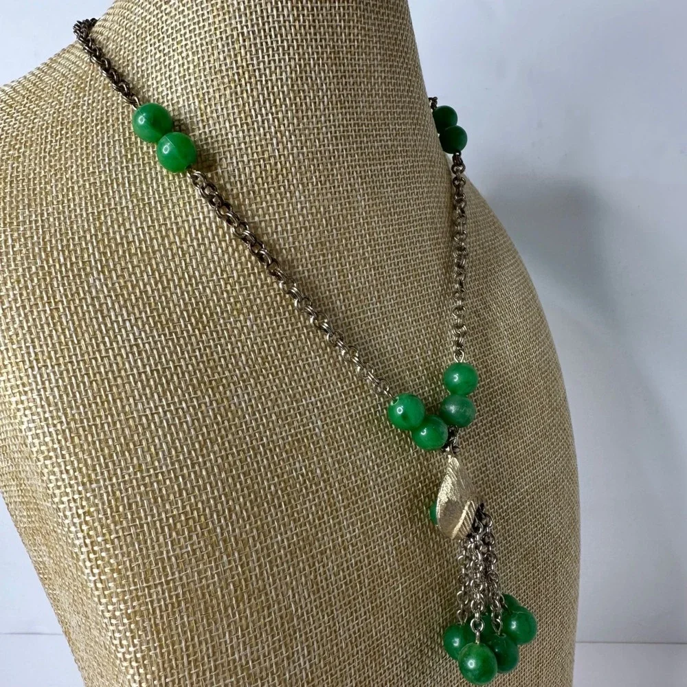 Vintage Tassel Necklace Green Plastic Beaded Gold‎ Tone Textured Shell Statement